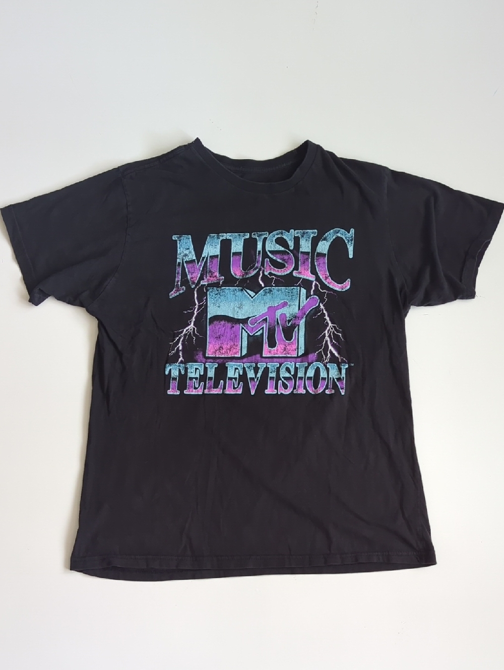MTV Black Tee with Purple and Teal Lightning Graphic
